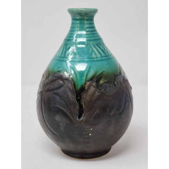 Vintage Drip Glaze Vase Matte Chocolate And Turquoise - Picture 4 of 10